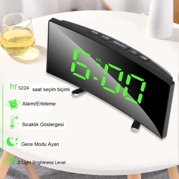 YeniTech-Dijital Aynalı Led Işıklı Dekoratif Masaüstü Kavisli Alarmlı Saat
