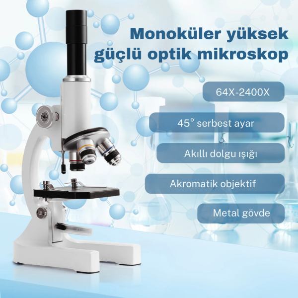 YeniTech- Eğitici Mikroskop Seti 1200x Mobil Uyumlu Led Işıklı 12 Biyolojik Örnek Hediyeli Okul Seti