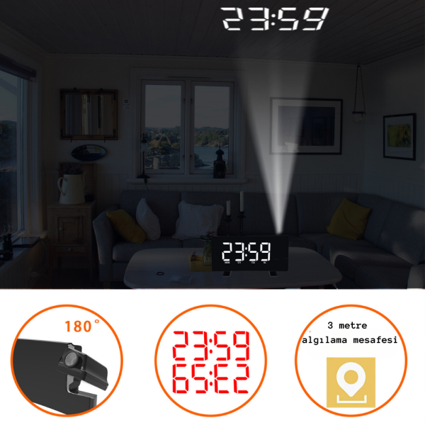 Projeksiyonlu 180° Ayarlanabilir Yatak Odası Saati Radyo ve Ayna Özellikli Şık Dekoratif Masa Saati